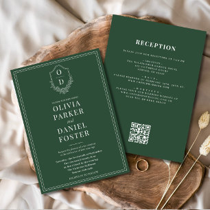 Invitation Tout en une crête Emerald Green QR Code Mariage