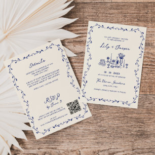 Invitation Tout en une main bleue dessinée QR Code Mariage