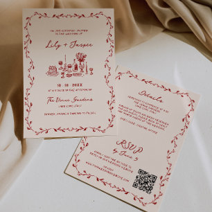 Invitation Tout en une main de Maroon tiré QR Code Mariage