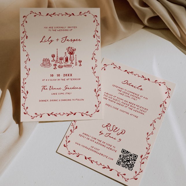 Invitation Tout en une main de Maroon tiré QR Code Mariage (Créateur téléchargé)
