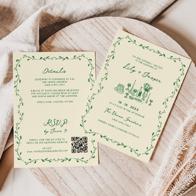 Invitation Tout en une main verte dessinée Mariage de code QR (Créateur téléchargé)