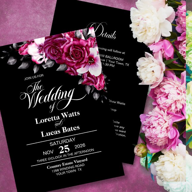 Invitation Tout en une Moody Rose Rose Floral Mariage noir (Créateur téléchargé)