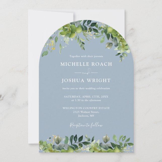 Invitation Tout en une verdure Arc Floral Dusty Blue Mariage (Devant)