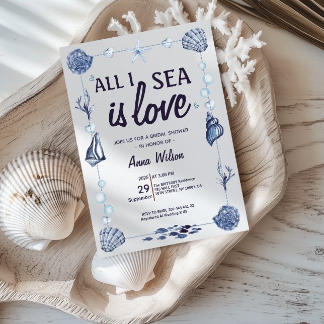Invitation Tout I Sea Is Love Fête des mariées Aquarelle Mer (All I Sea Is Love ocean beach summer coastal nautical watercolor bridal shower wedding under the sea)
