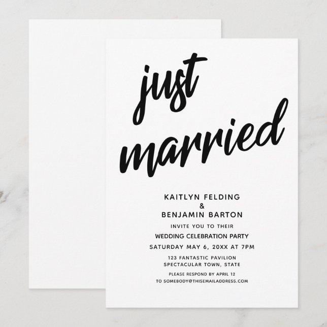 Invitation "Tout juste mariés" Réception de mariage en écritu (Devant / Derrière)