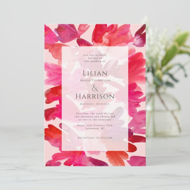 Invitation Tout l'amour Aquarelle rose Mariage rouge (Debout devant)