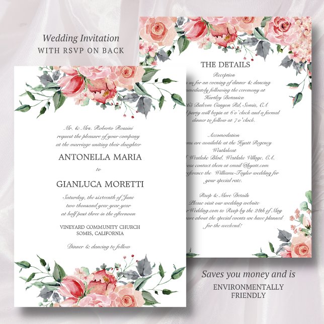 Invitation Tout rose en un avec RSVP (This wedding invitation with RSVP and Details saves you money and is environmentally friendly)