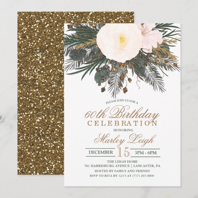 Invitation TOUTE AGE Hiver Floral Parties scintillant Anniver (Devant / Derrière)