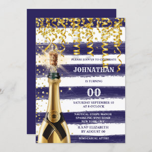 Invitation TOUTE AGE marine nautique blanc or rayé bulle