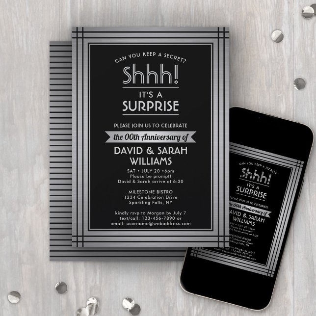 Invitation TOUTE ANNÉE Surprise Anniversaire Élégant Argent N (Créateur téléchargé)