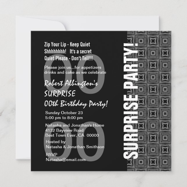 Invitation Toute année Surprise Anniversaire Moderne Black Wh (Devant)