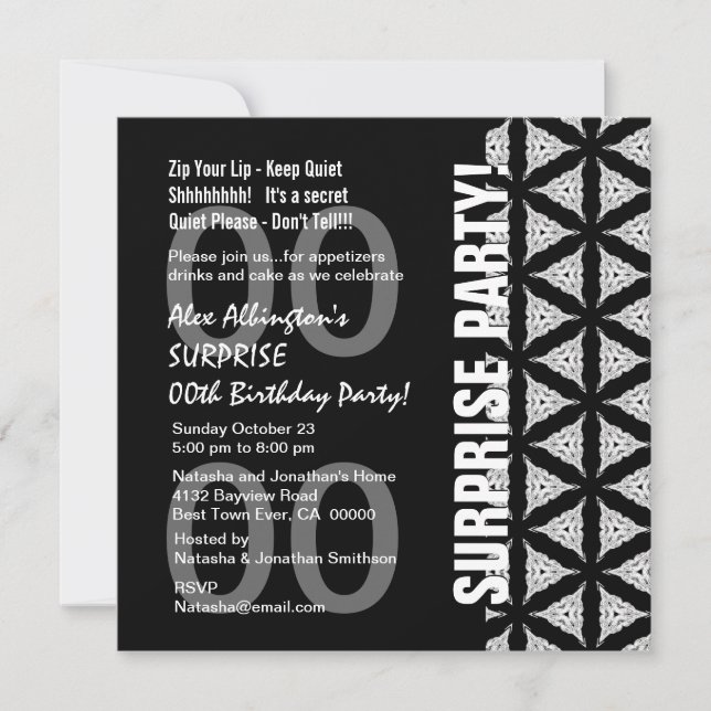 Invitation Toute année Surprise Anniversaire Noir Blanc moder (Devant)