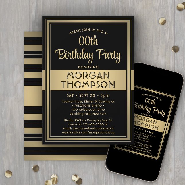 Invitation Toute élégante fête d'anniversaire noire et dorée (Créateur téléchargé)