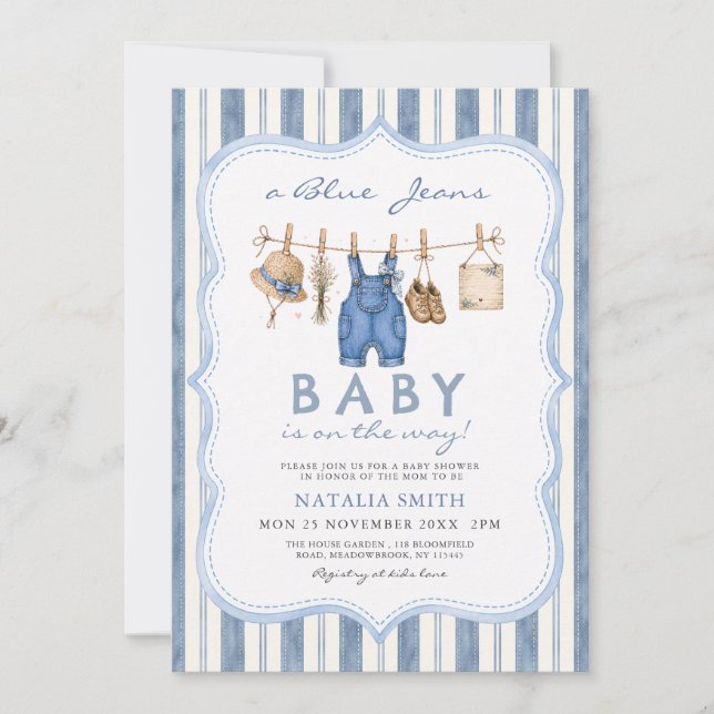 Invitation Toute en Jean Bleu Bébé Fête de Naissance (Devant)