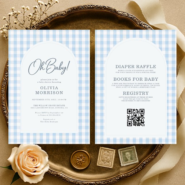 Invitation Toute en une Bleue Oh Bébé Gingham Baby Shower (Créateur téléchargé)