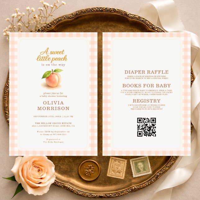 Invitation Toute en une Douce Pêche Été Gingham Baby Shower (Créateur téléchargé)