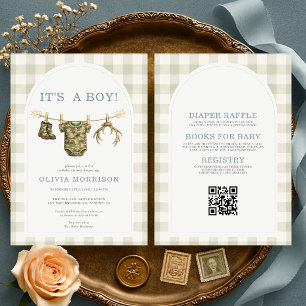 Invitation Toute en une Fête de Bébé Camouflage Chasse C'est