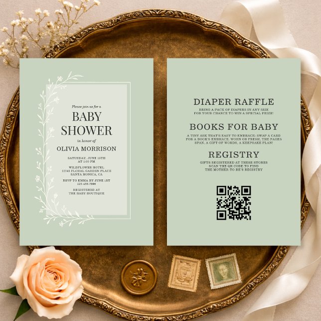 Invitation Toute en une Fête de Bébé Florale Botanique Vert S (Créateur téléchargé)