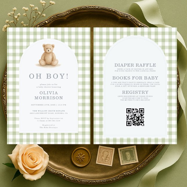 Invitation Toute en une Fête de Bébé Garçon Ours Sage Gingham (Créateur téléchargé)
