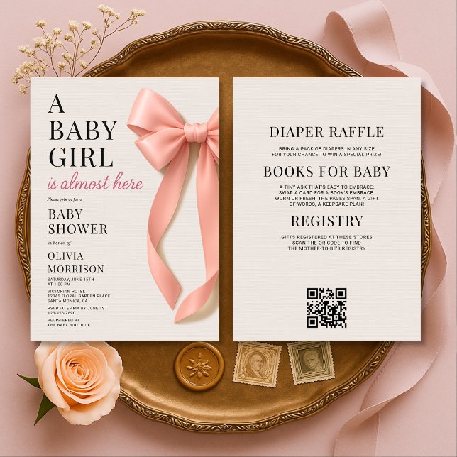 Invitation Toute en Une Fête de Naissance Bébé Fille Rose Arc (Créateur téléchargé)