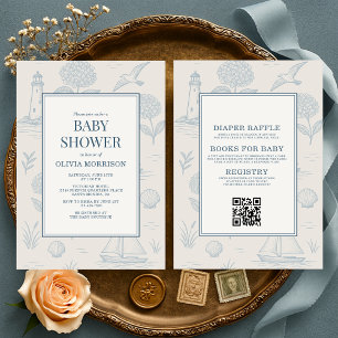 Invitation Toute en une Fête de Naissance Bébé Toile de Jouy 