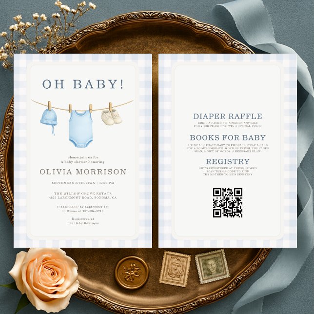 Invitation Toute en une Oh Bébé Bleu Gingham Fête de Naissanc (Créateur téléchargé)