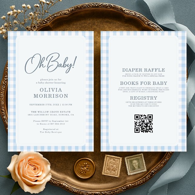 Invitation Toute en Une Oh Bébé Garçon Gingham Baby Shower (Créateur téléchargé)