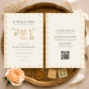 Invitation Toute en Une Safari Wild One Baby Shower à Carreau