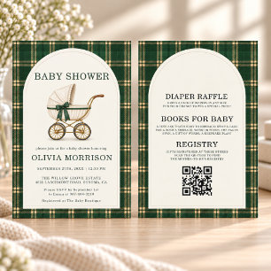 Invitation Toute en une vert carreaux vintage Baby Shower 
