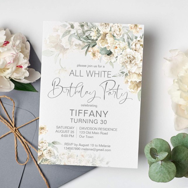 Invitation Toute fête d'anniversaire blanc argent blanc flora (All white birthday party invitation template silver sage white flowers invitation)