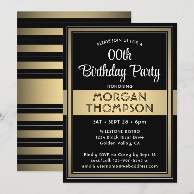 Invitation Toute fête d'anniversaire élégante noire, blanche  (Devant / Derrière)
