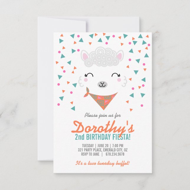 Invitation toute fille d'âge ANNIVERSAIRE FIESTA alpaca llama (Devant)