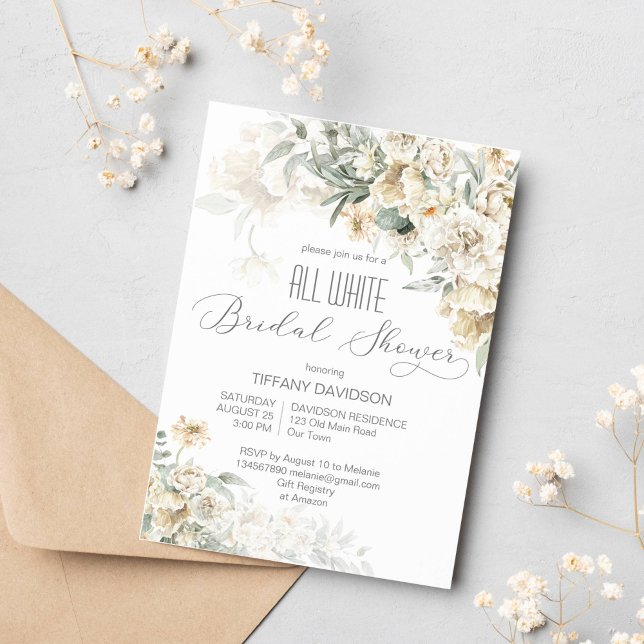 Invitation Toute la douche nuptiale blanche argenté blanc flo (All white bridal shower silver white sage floral invitation template for white themed bridal shower)