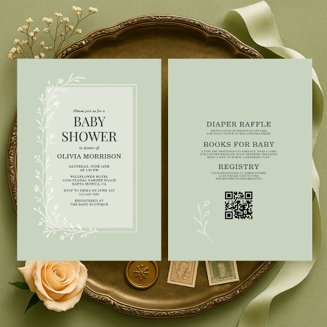 Invitation Toute la Fête de Bébé Florale Botanique Vert Sauge (Créateur téléchargé)