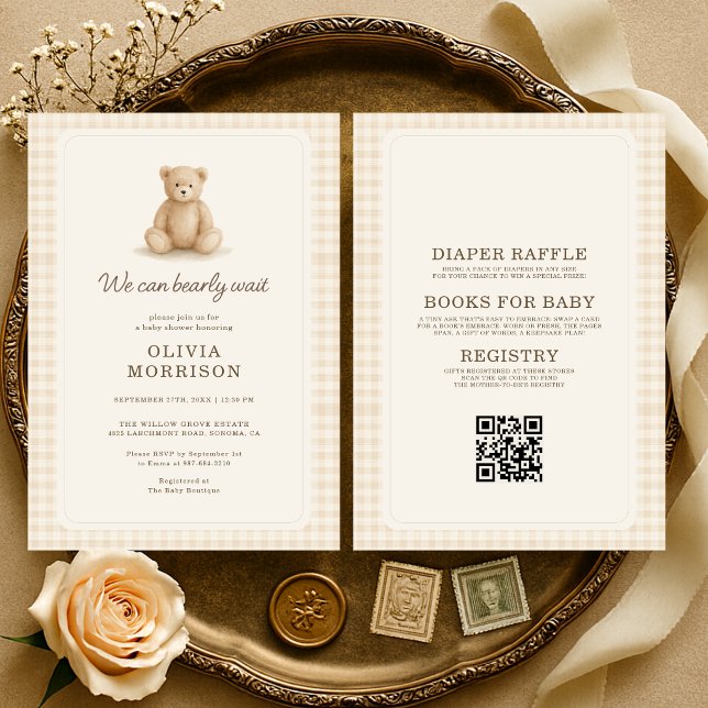 Invitation Toute la fête ours à peine attendre Gingham bébé n (Créateur téléchargé)