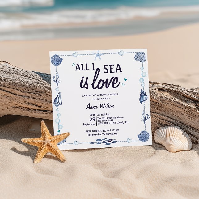 Invitation Toute la Mer n'est qu'Amour Réception de Mariage A (All I Sea Is Love summer coastal ocean  beach seashell nautical  bridal shower for her)