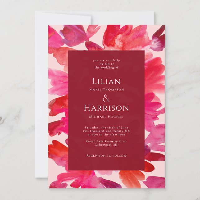 Invitation Toute l'Aquarelle Aimée rose rouge Mariage Invitat (Devant)