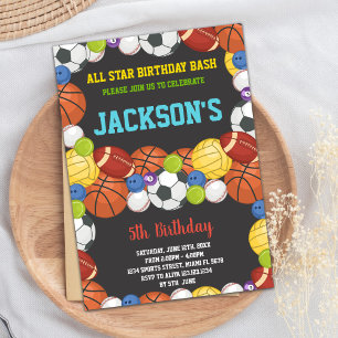 Invitation Toutes les Balls Black Sports Party Anniversaire I