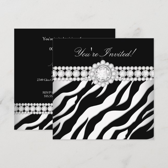 Invitation Toutes les Occasion Diamond Trier Noir Blanc Zebra (Devant / Derrière)