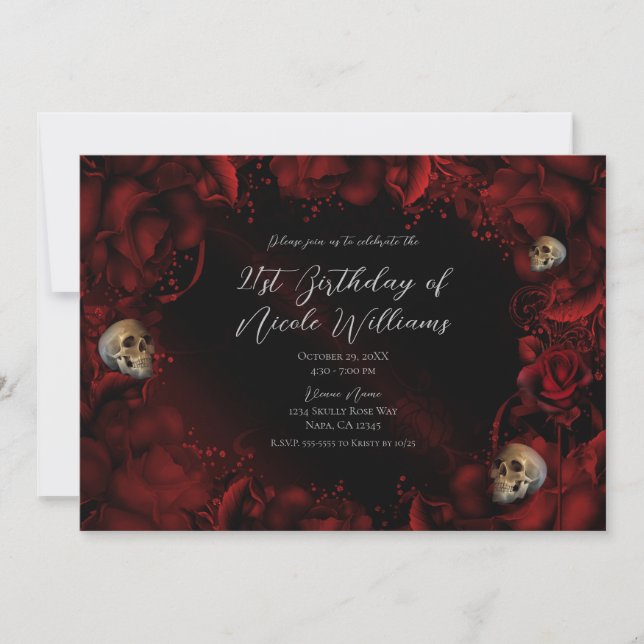 Invitation Toutes les Roses Rouges & Crânes Fête d'Anniversai (Devant)