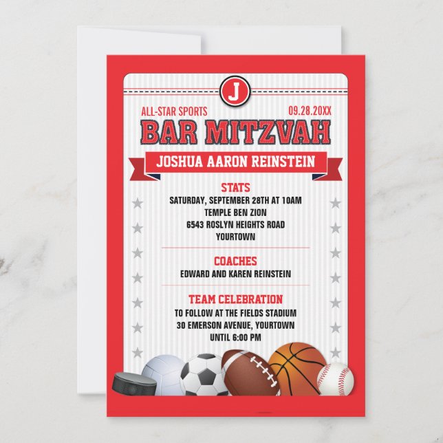 Invitation Toutes les Star Sports Red Trading Card Bar Mitzva (Devant)