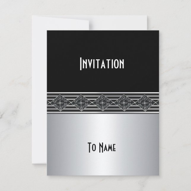 Invitation Toutes Occasions Argent Noir Art Déco (Devant)