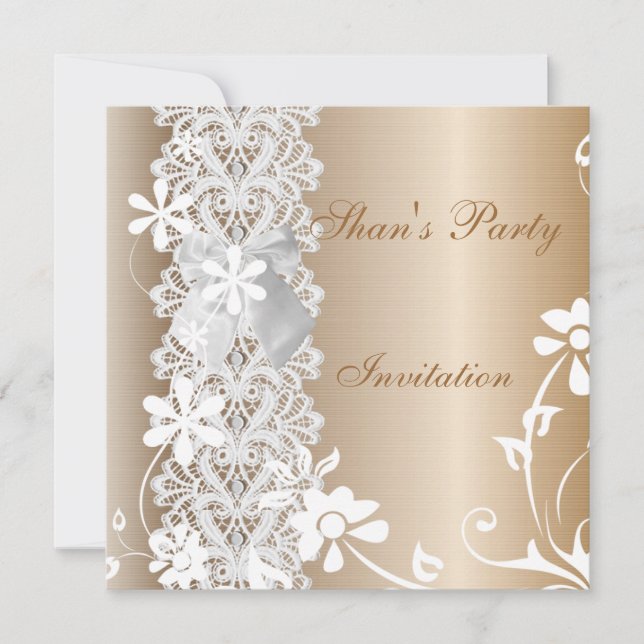 Invitation Toutes Occasions Café Dentelle Fleur Bl (Devant)