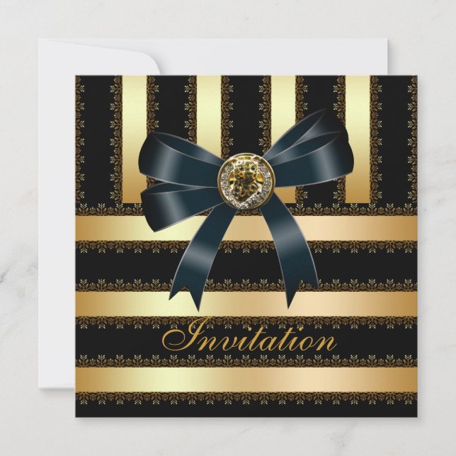 Invitation Toutes Occasions Noir Rayure Or Nœud (Devant)