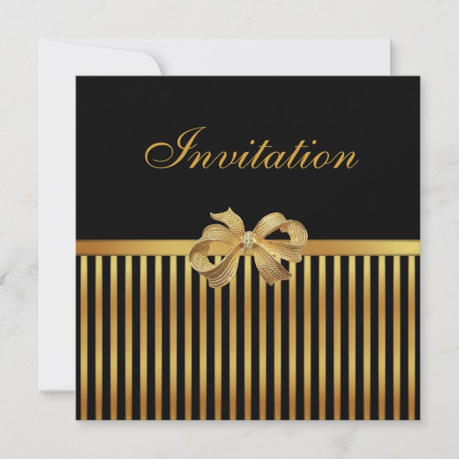 Invitation Toutes Occasions Rayure Noir Or Nœud Do (Devant)