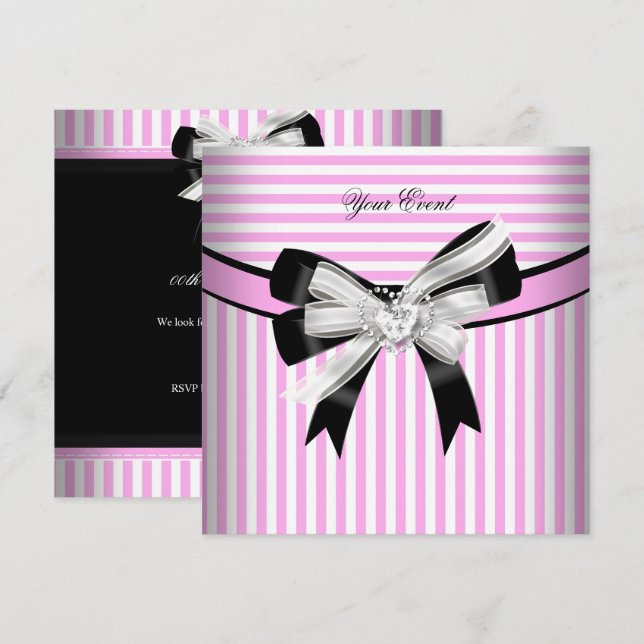 Invitation Toutes Occasions Rose Noir Blanc Rayure Fête (2) (Devant / Derrière)