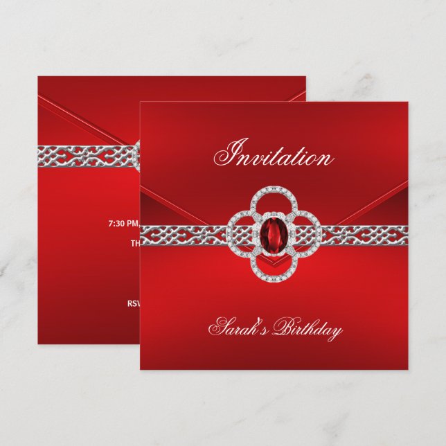 Invitation Toutes Occasions Rouge Bijou Argent NEU (Devant / Derrière)