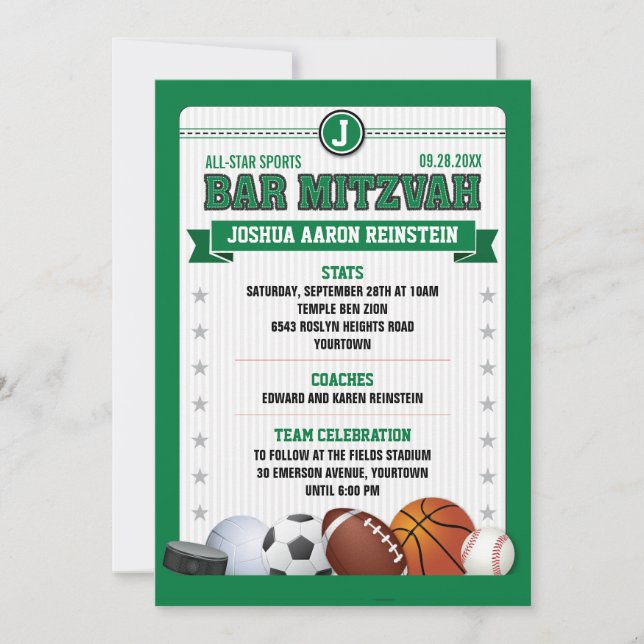 Invitation Toutes Star Sports Green Trading Card Bar Mitzvah (Devant)