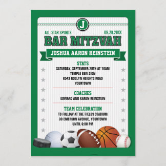Invitation Toutes Star Sports Green Trading Card Bar Mitzvah