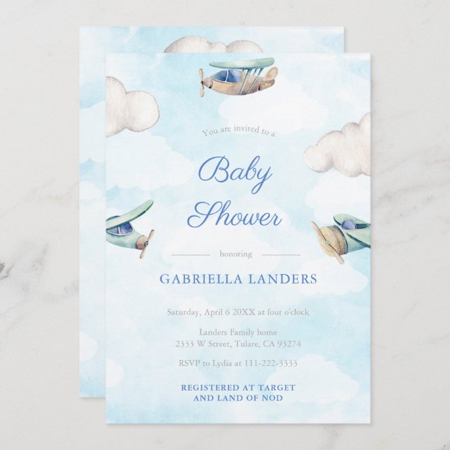 Invitation Toy Avion Voyage Baby shower Saupoudrer Pour Garço (Devant / Derrière)